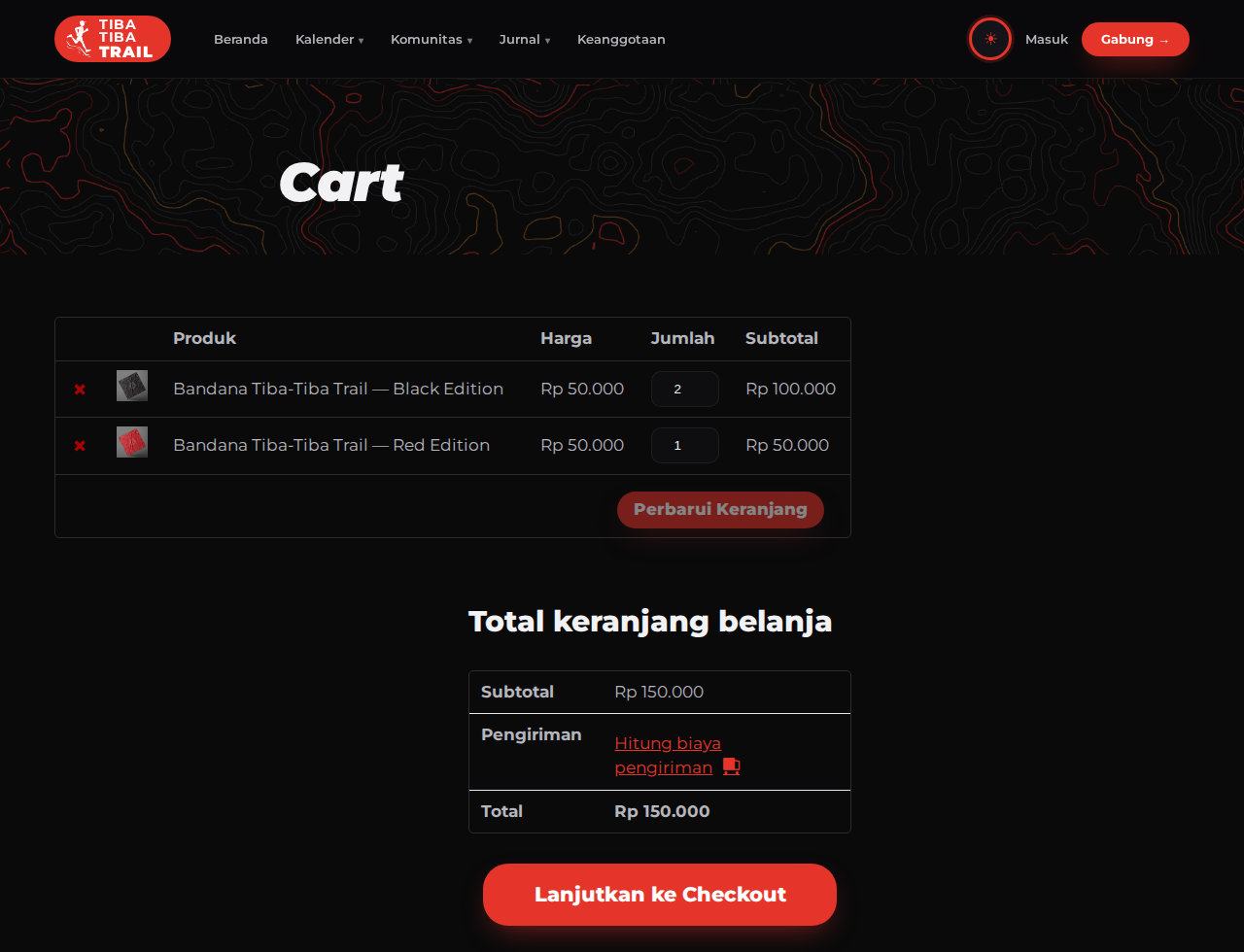 Keranjang berisi 2 Black + 1 Red, total Rp 150.000, tombol Lanjutkan ke Checkout